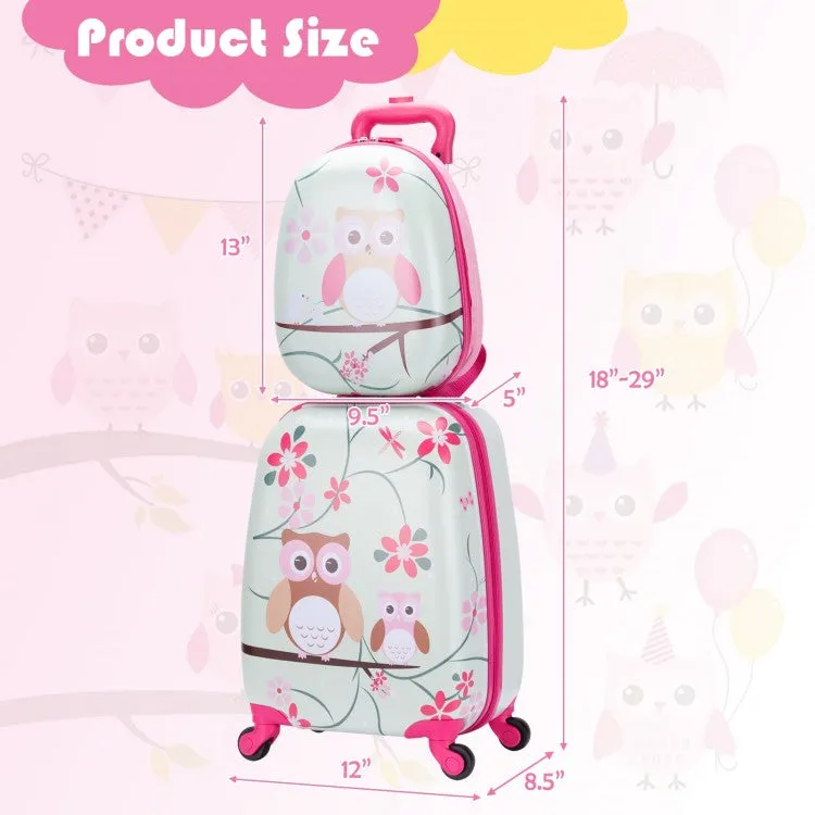 2 Pieces 12 Inch 16 Inch Kids Luggage Set with Backpack and Suitcase - Owl