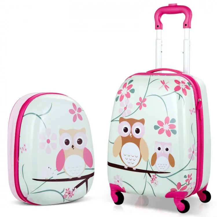 2 Pieces 12 Inch 16 Inch Kids Luggage Set with Backpack and Suitcase - Owl