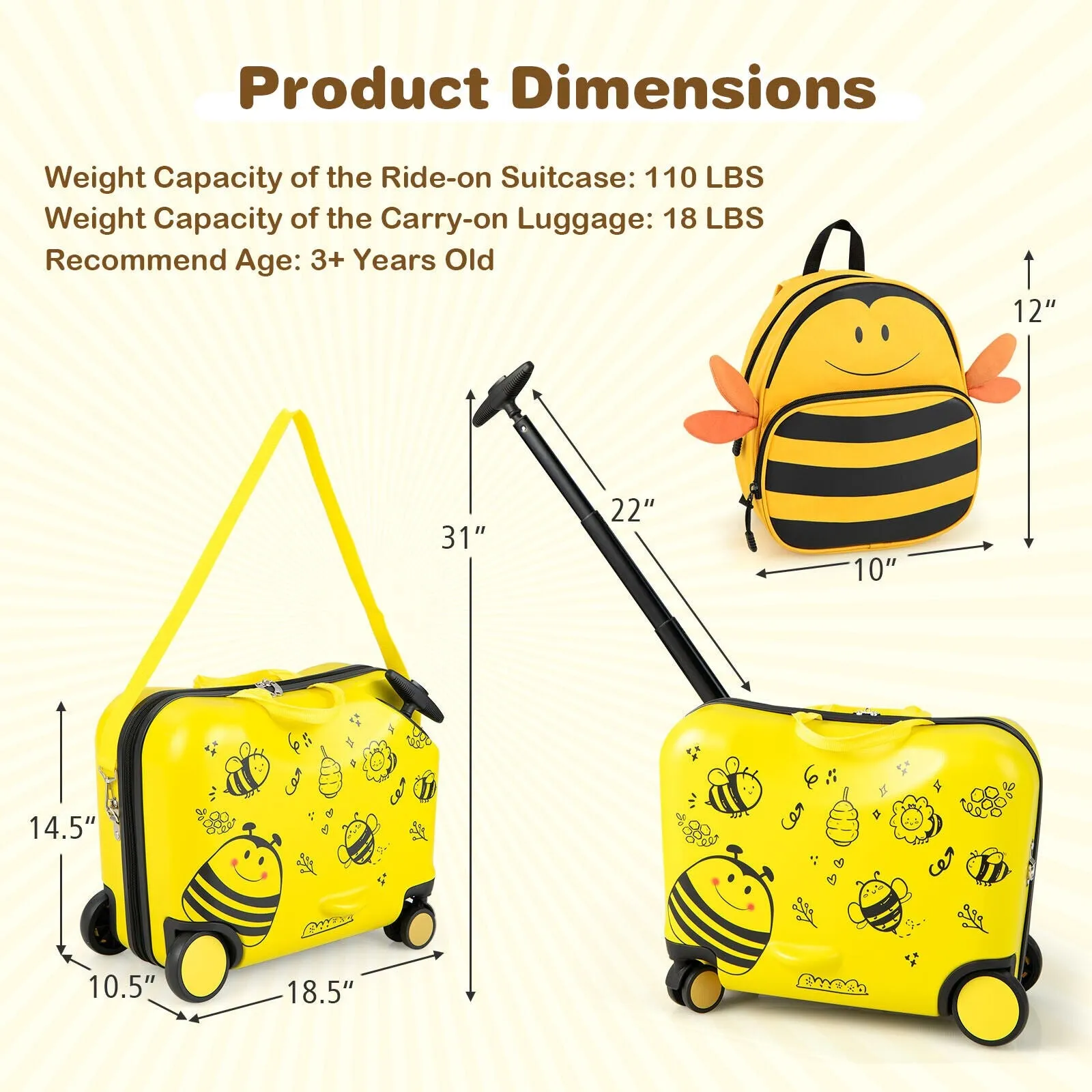 2 Pieces 18 Inch Ride-on Kids Luggage Set with Spinner Wheels and Bee Pattern