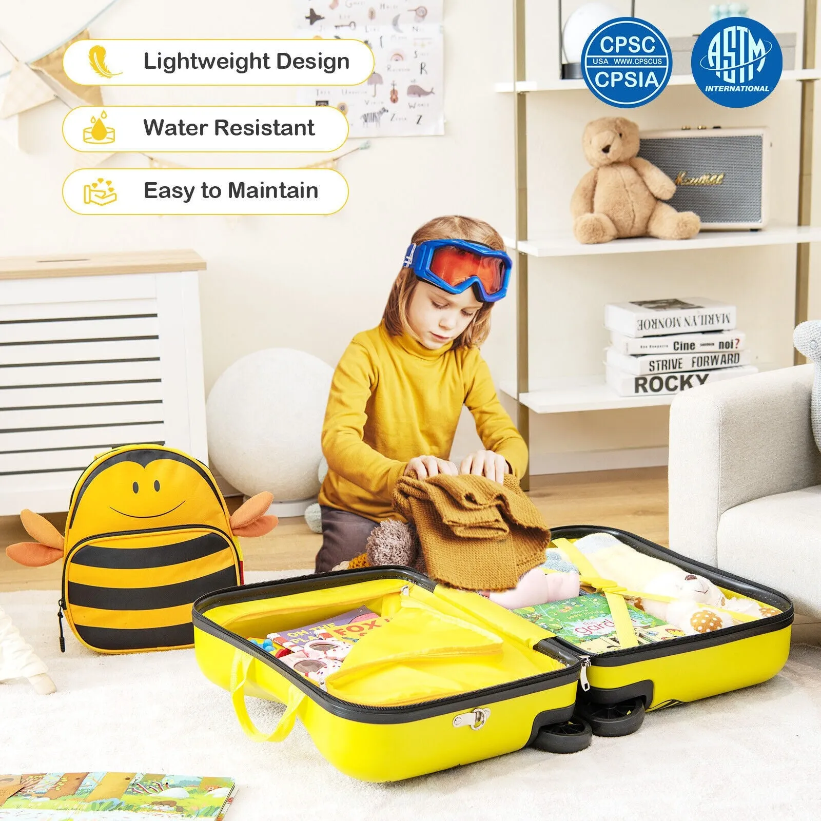 2 Pieces 18 Inch Ride-on Kids Luggage Set with Spinner Wheels and Bee Pattern