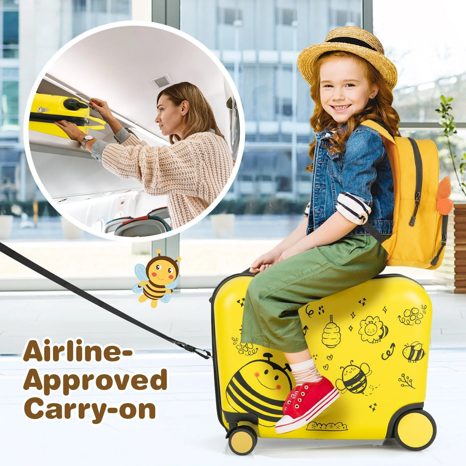 2 Pieces 18 Inch Ride-on Kids Luggage Set with Spinner Wheels and Bee Pattern