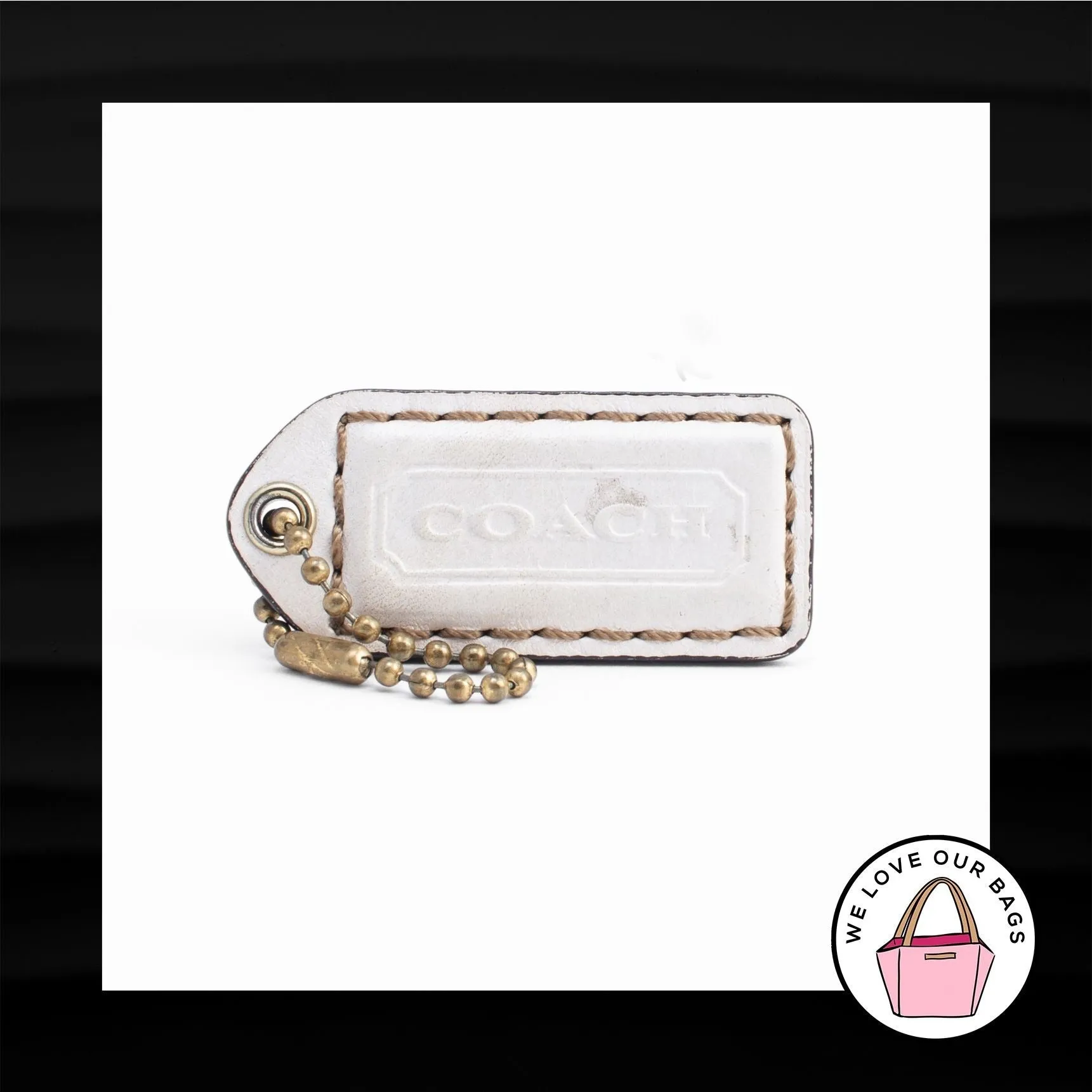 2" Medium COACH IVORY LEATHER BRASS KEY FOB BAG CHARM KEYCHAIN HANGTAG TAG