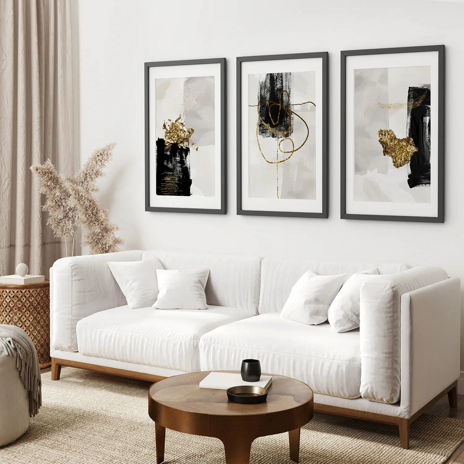 3 Piece Modern Scandinavian Wall Art Set. Black and Gold