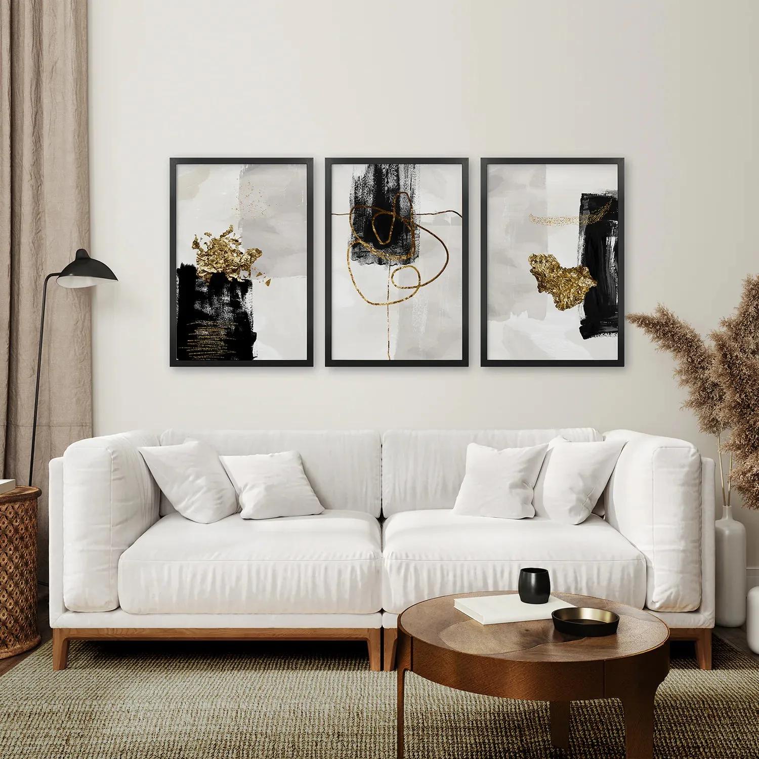 3 Piece Modern Scandinavian Wall Art Set. Black and Gold