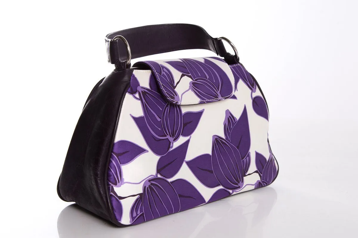 Agnes & Hoss White & Purple Silk Handbag with Floral Print