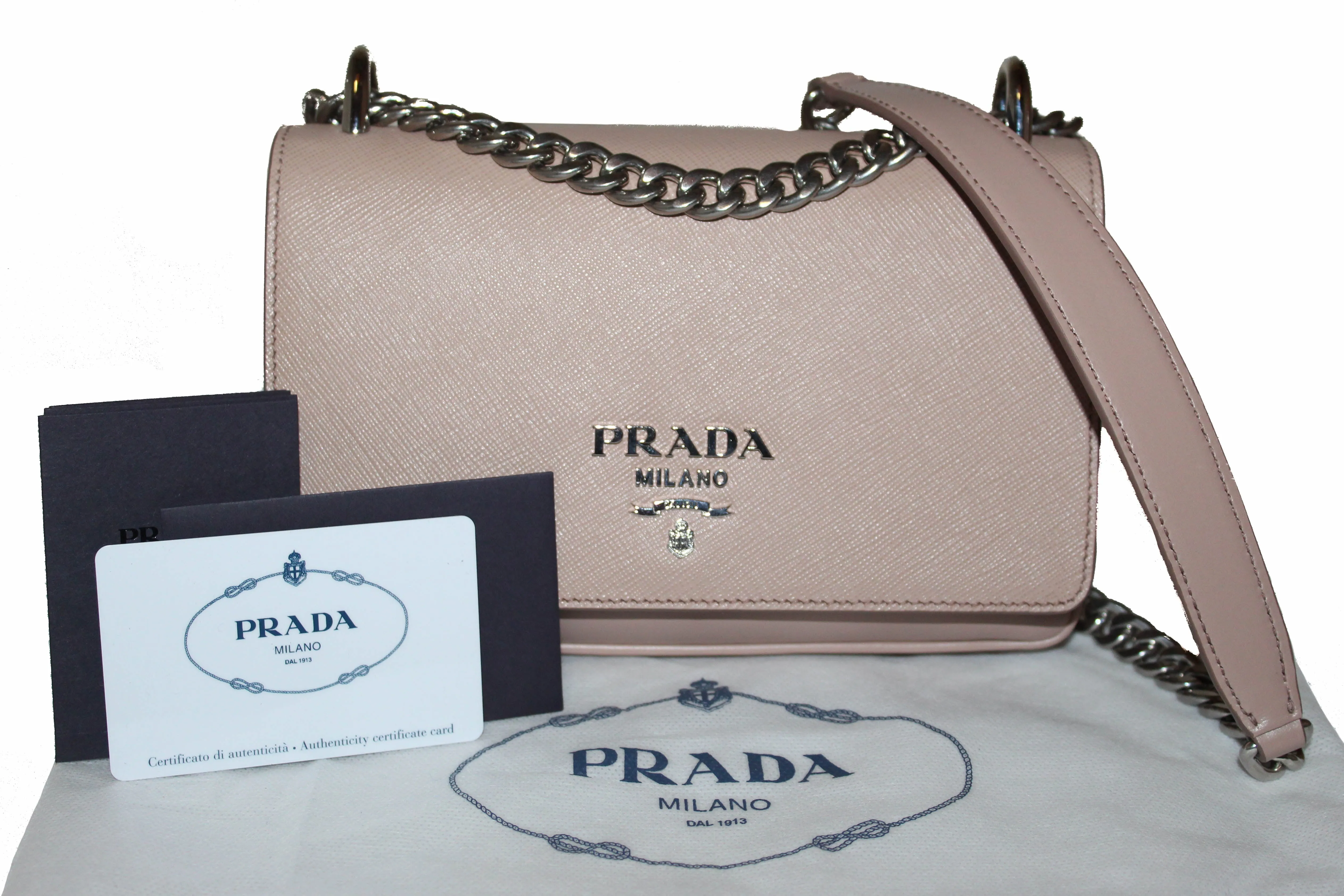 Authentic New Prada Powder Beige Saffiano Leather Mini Bag with Chain