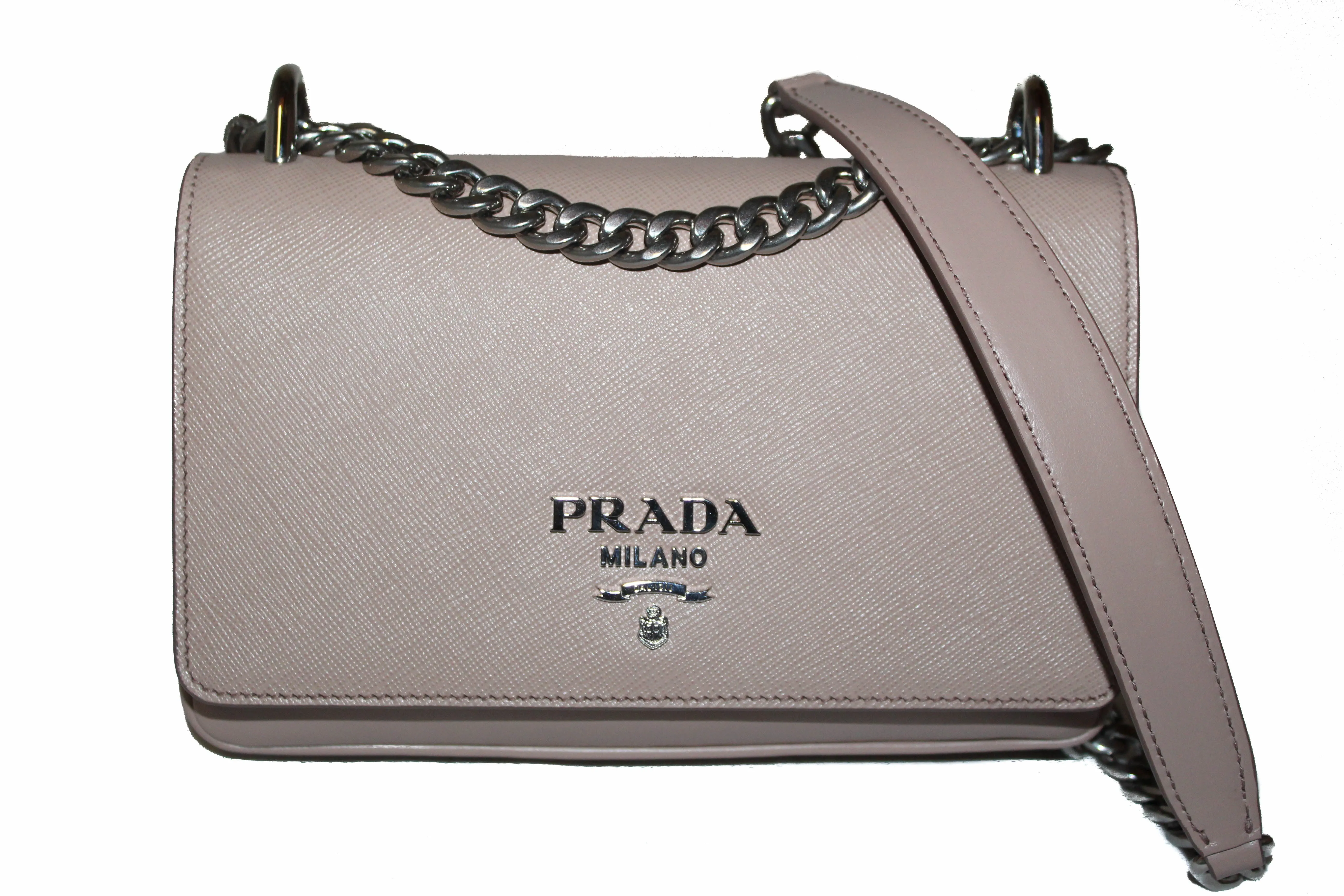 Authentic New Prada Powder Beige Saffiano Leather Mini Bag with Chain