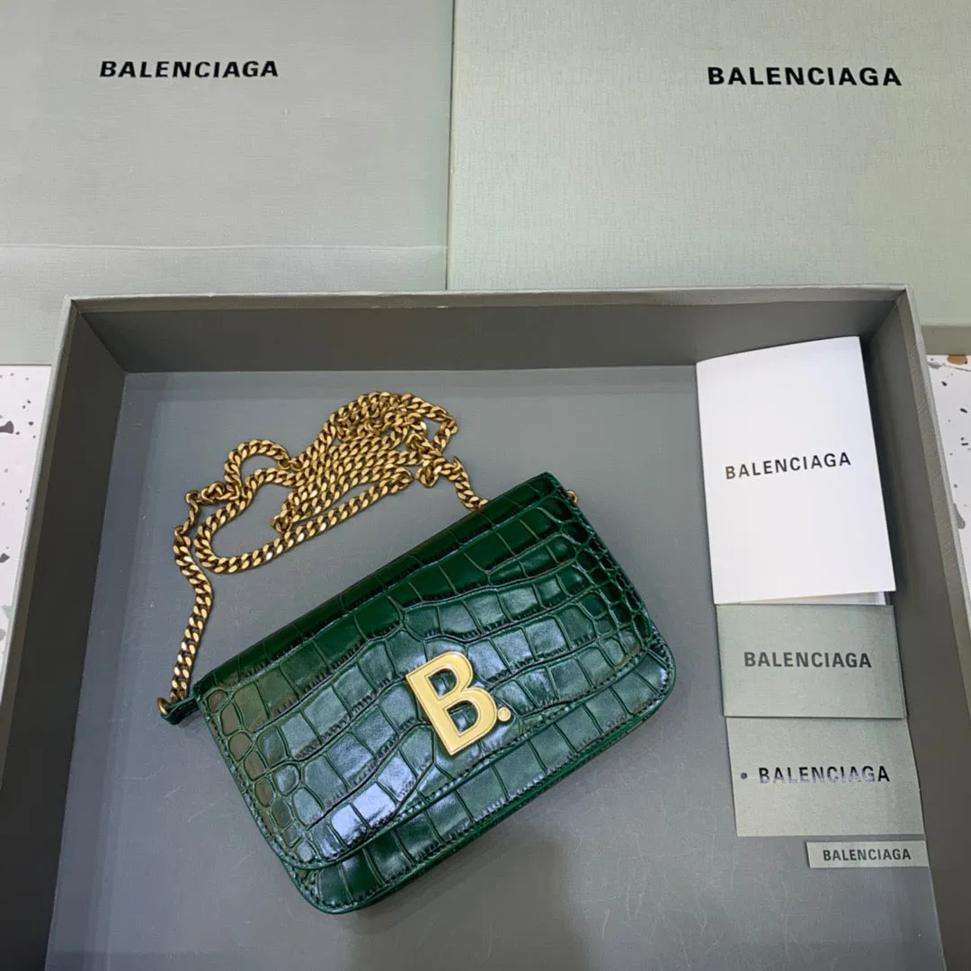 Balen Croc Embossed Patent B Bag With Chain In Green, For Women,  Bags 7.9in/20cm