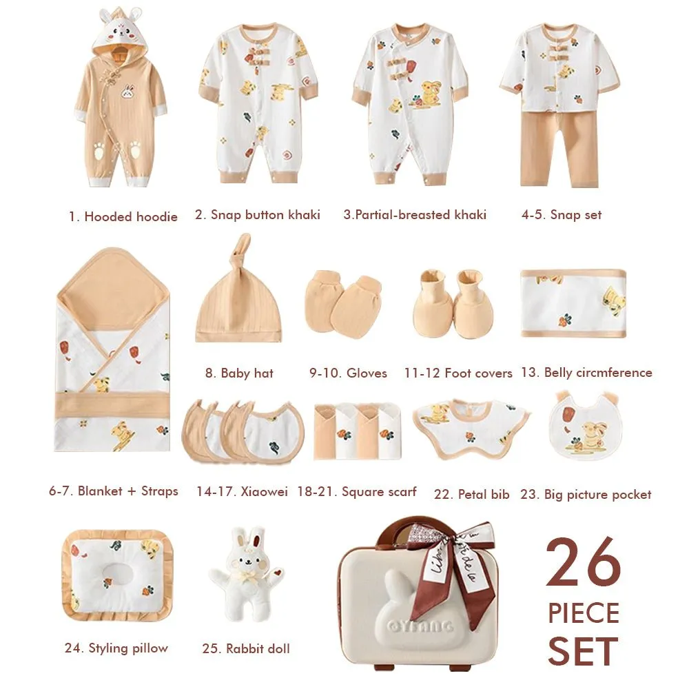 Beige Rabbit 26pcs Mini Suitcase style Newborn Hamper for Baby Boy/Baby Girl , 0-6 months