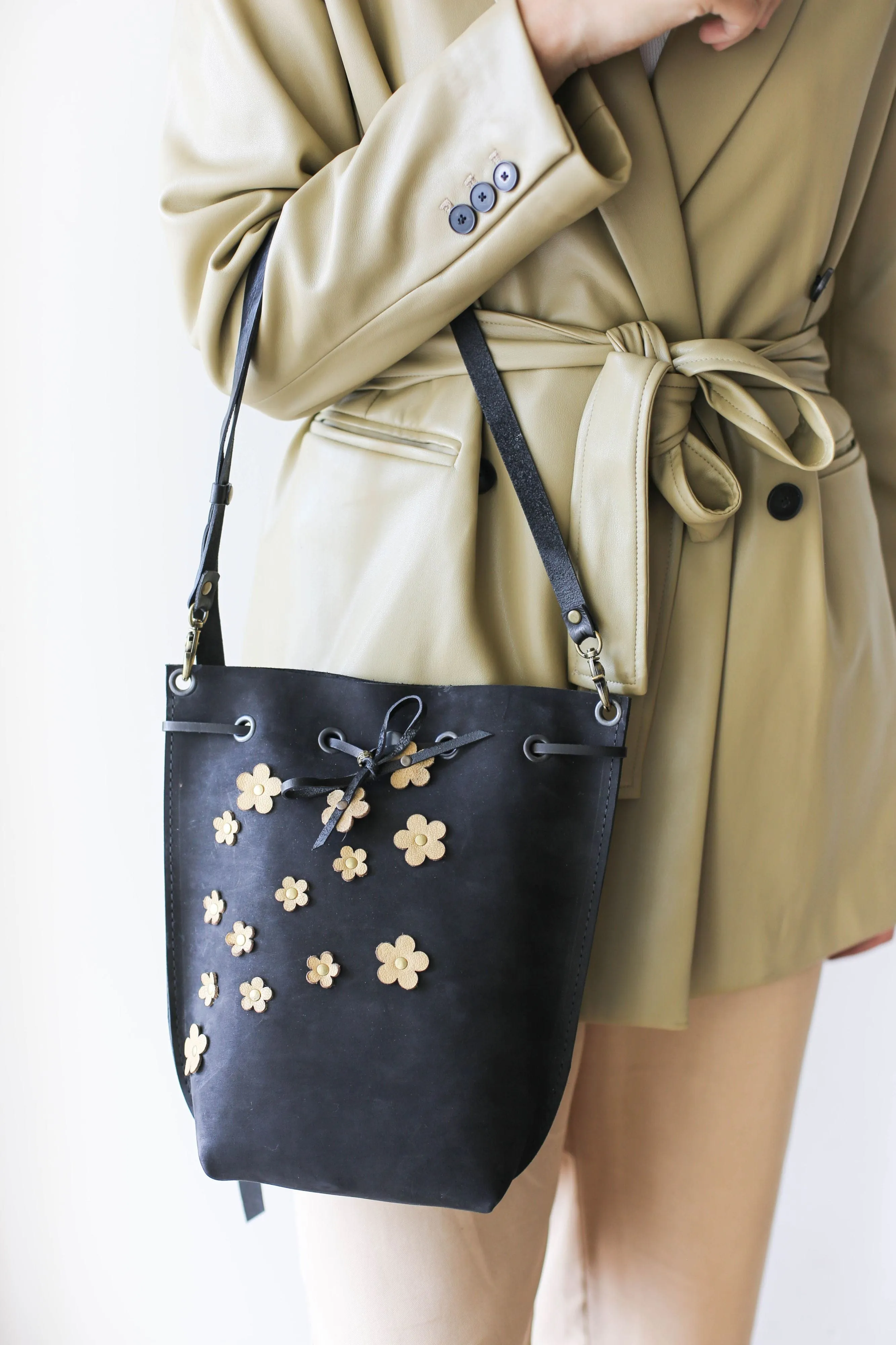 Black Floral Leather Bucket Bag