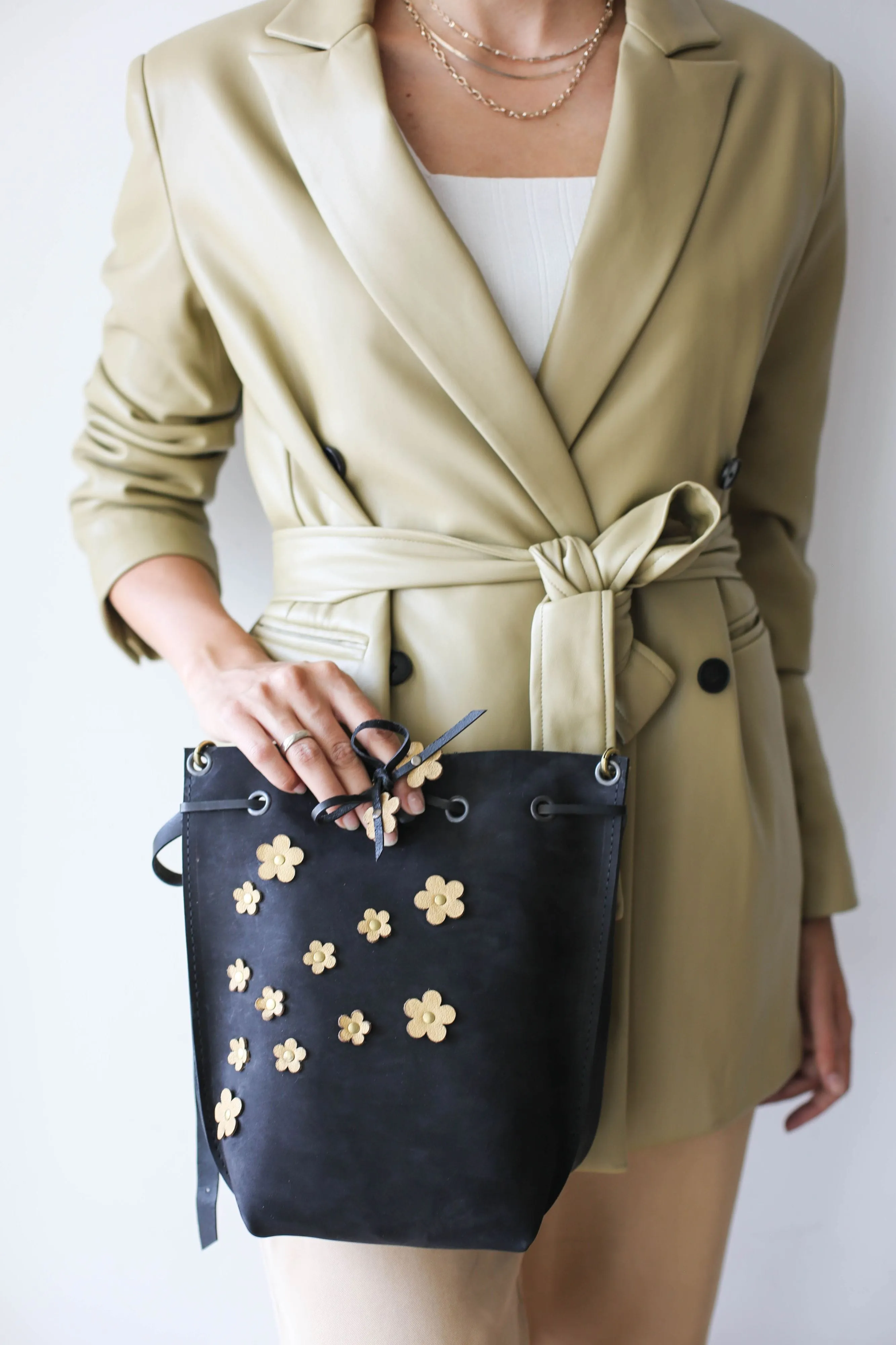 Black Floral Leather Bucket Bag