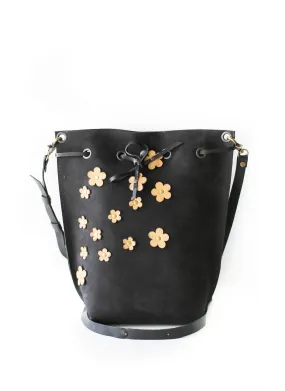 Black Floral Leather Bucket Bag