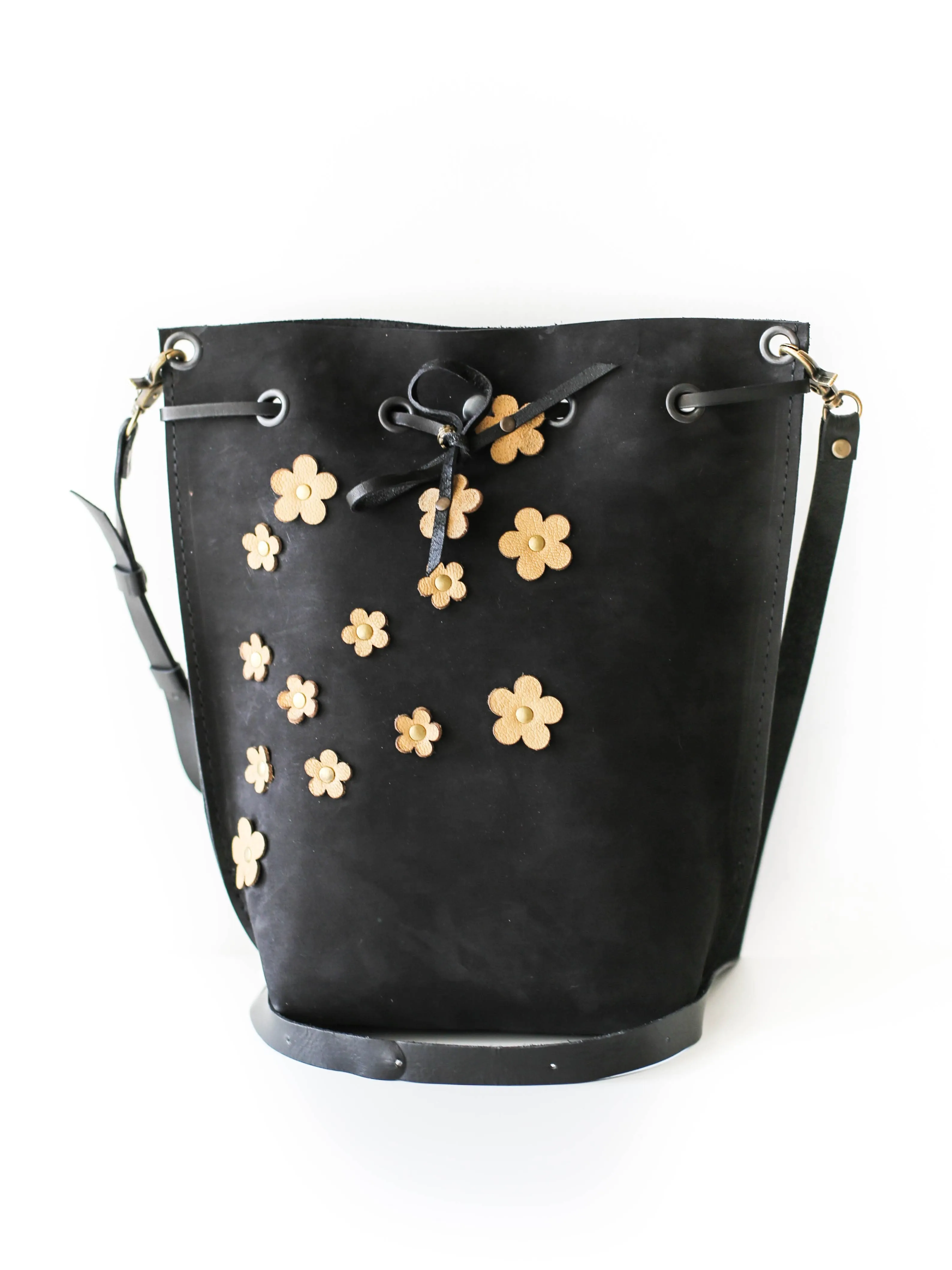 Black Floral Leather Bucket Bag