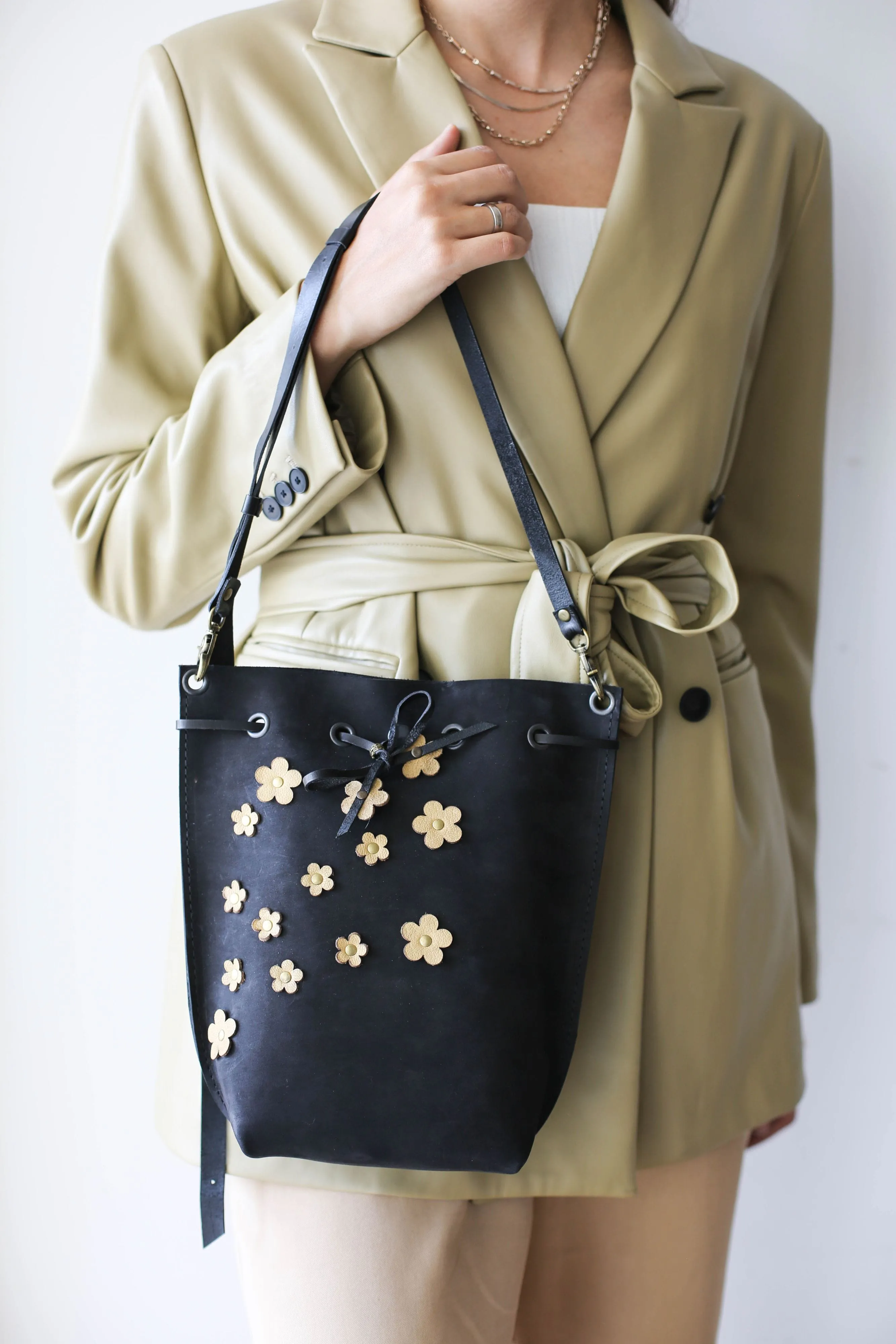 Black Floral Leather Bucket Bag