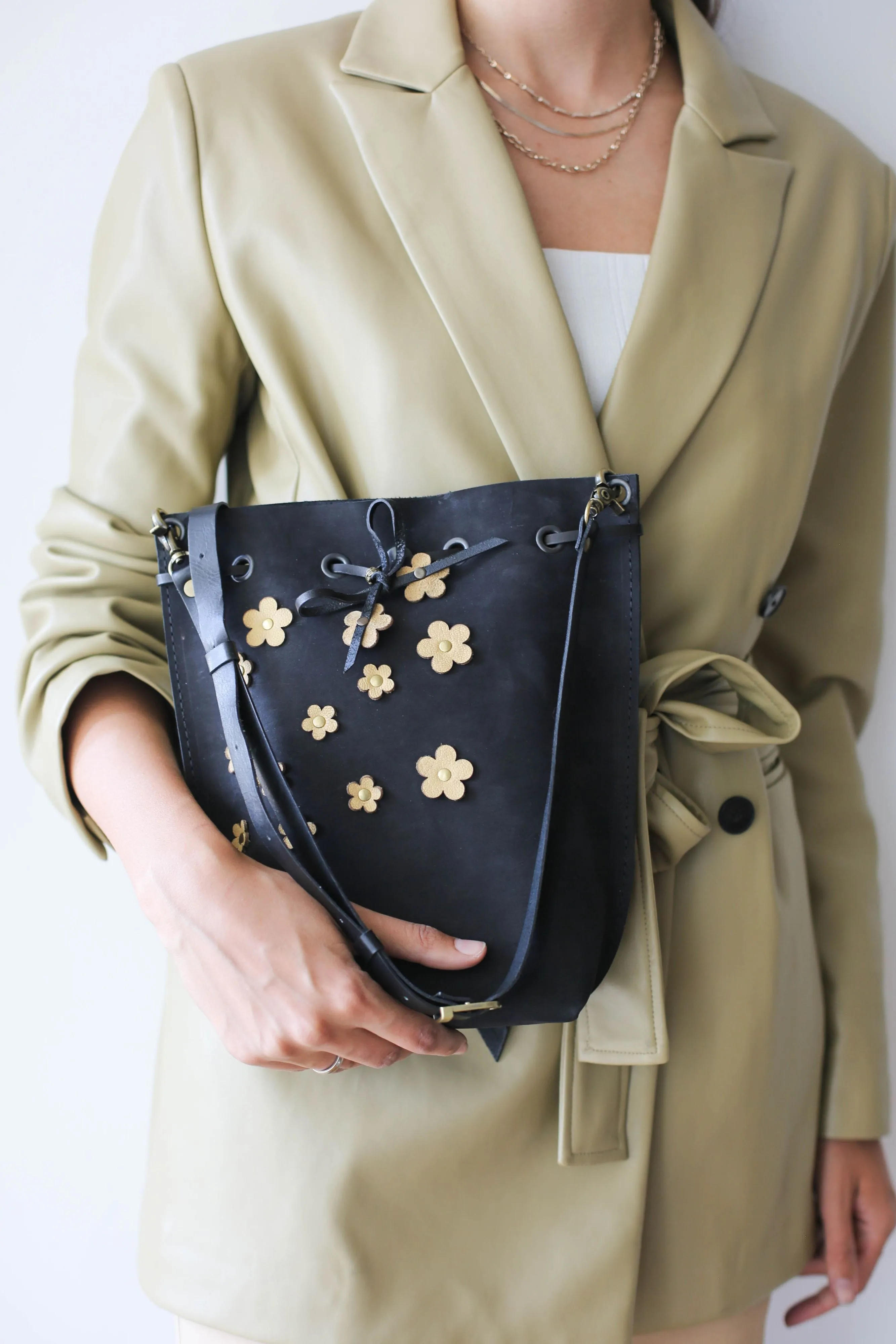 Black Floral Leather Bucket Bag