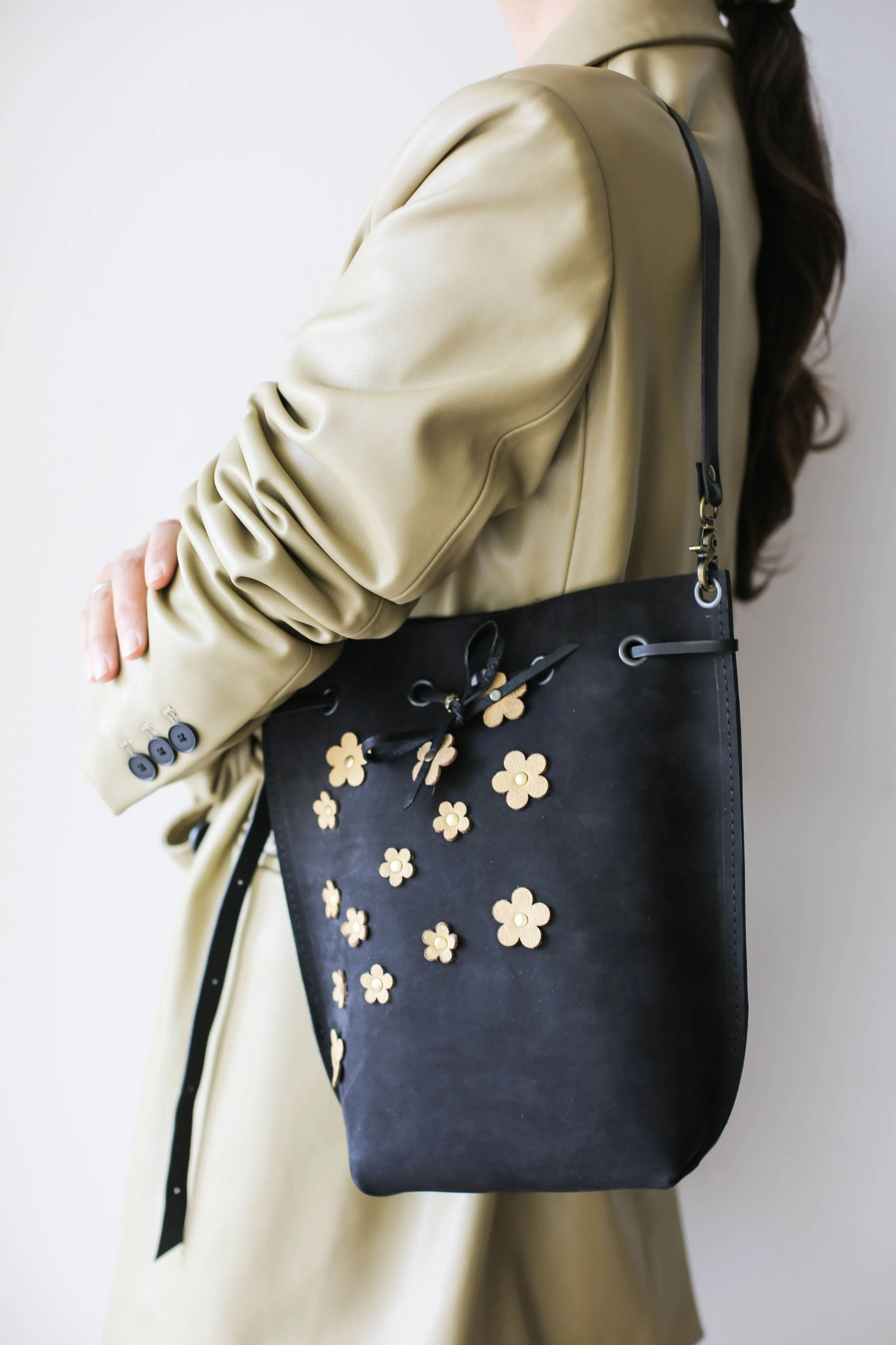 Black Floral Leather Bucket Bag