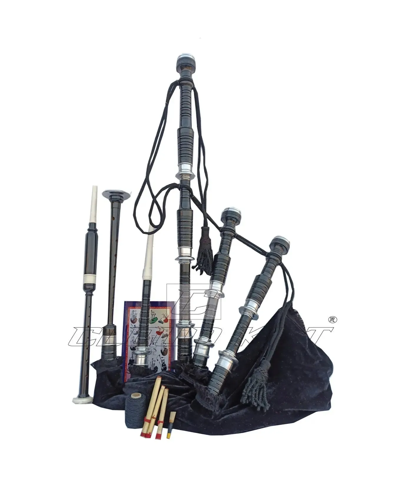 Black Velvet Bagpipe Set Silver & Black Finish With Hard Case