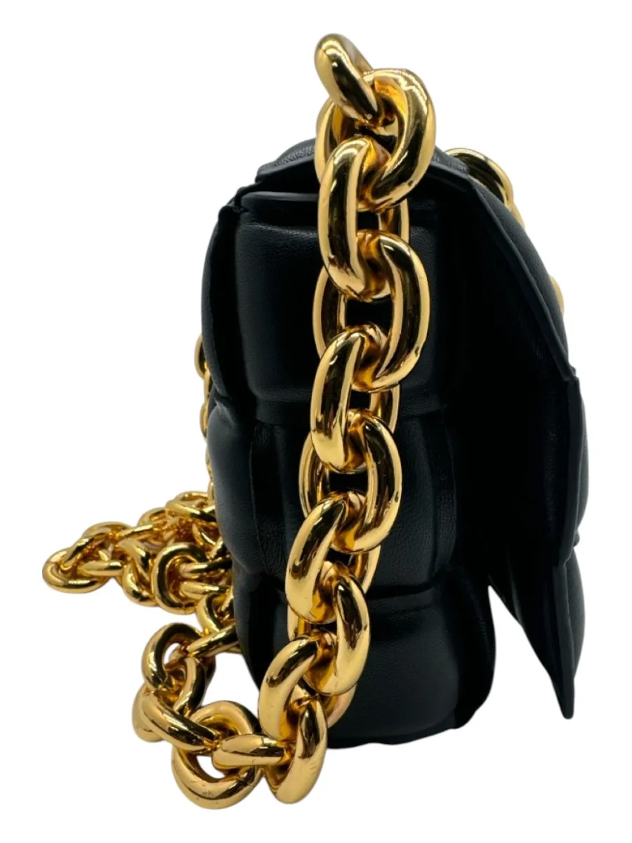 Bottega Veneta Black & Gold Leather Woven Chain Strap Crossbody Bag