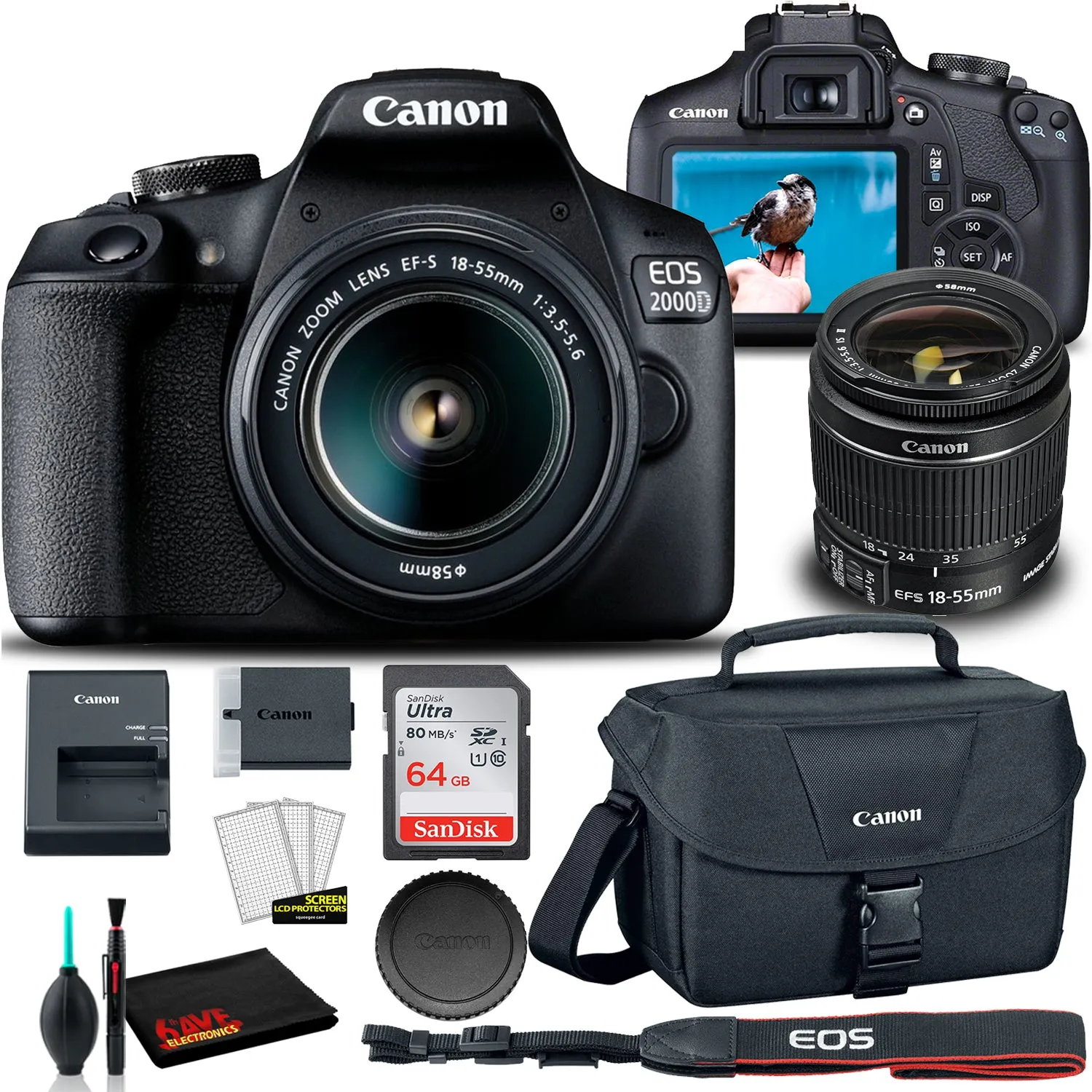 Canon EOS 2000D DSLR Camera with 18-55mm Lens   EOS Bag   Sandisk Ultra 64GB Card (International Model)