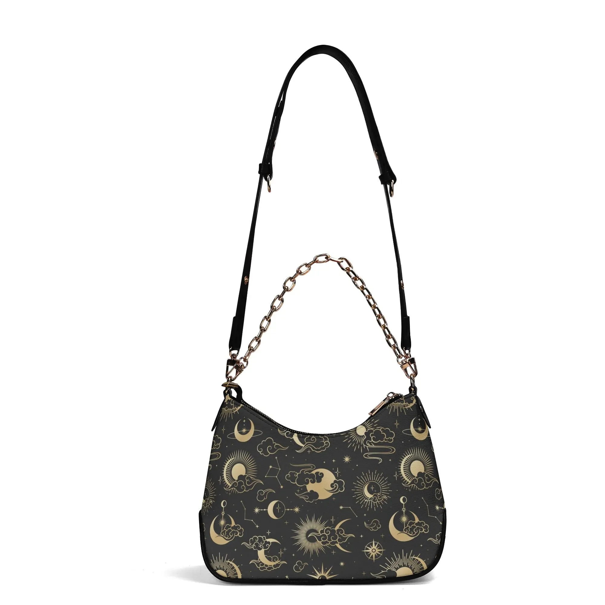 Celestial Purse Handbag Crossbody Chain, Sun Moon Space Constellation Print Vegan Leather Designer Gift Top Handle Bag with Strap Zip