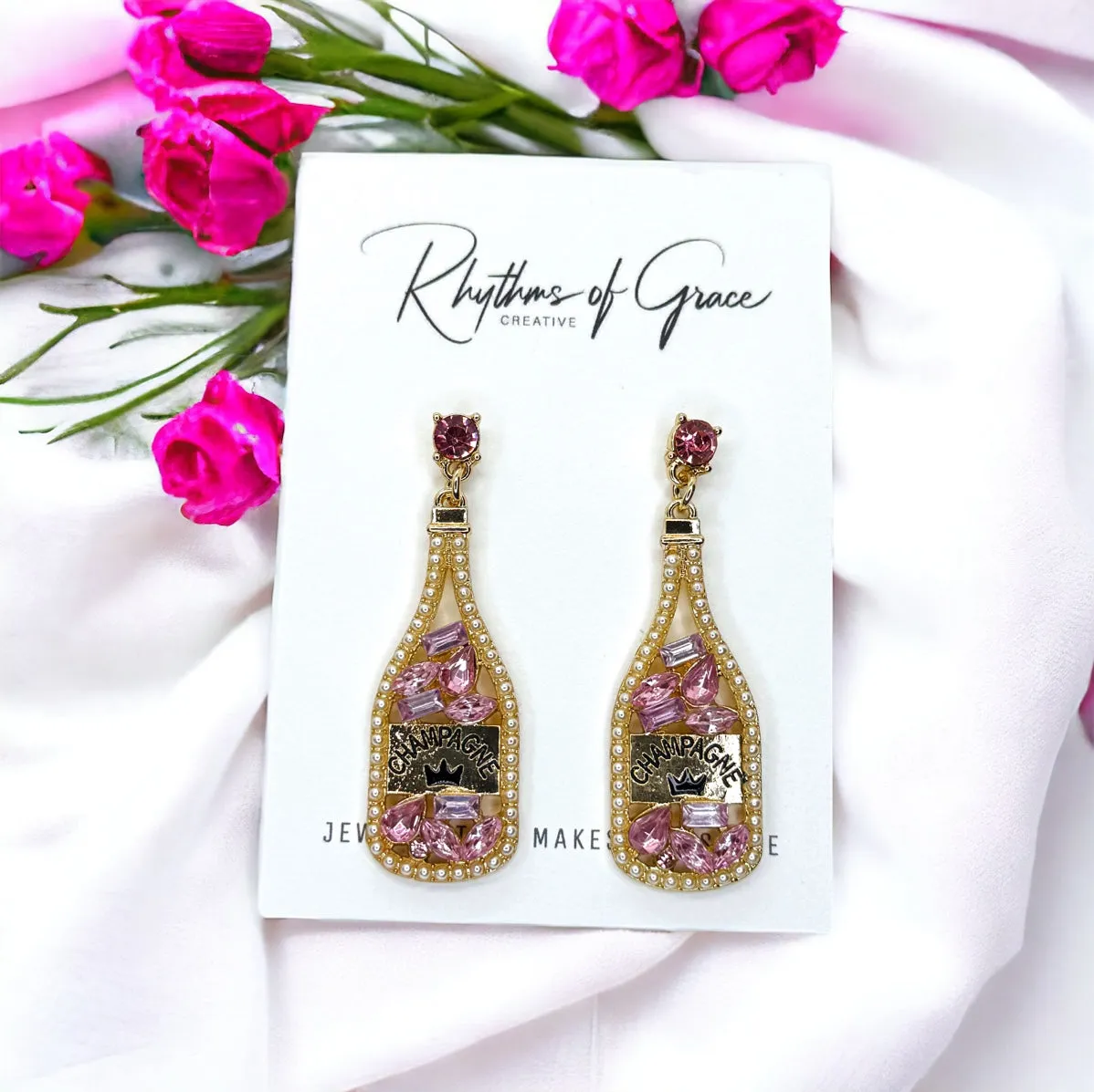 Champagne Earrings - Pink Champagne, Champagne Bottle, Wine Earrings, Wine Jewelry, Poppin Bottles, Wine Accessories