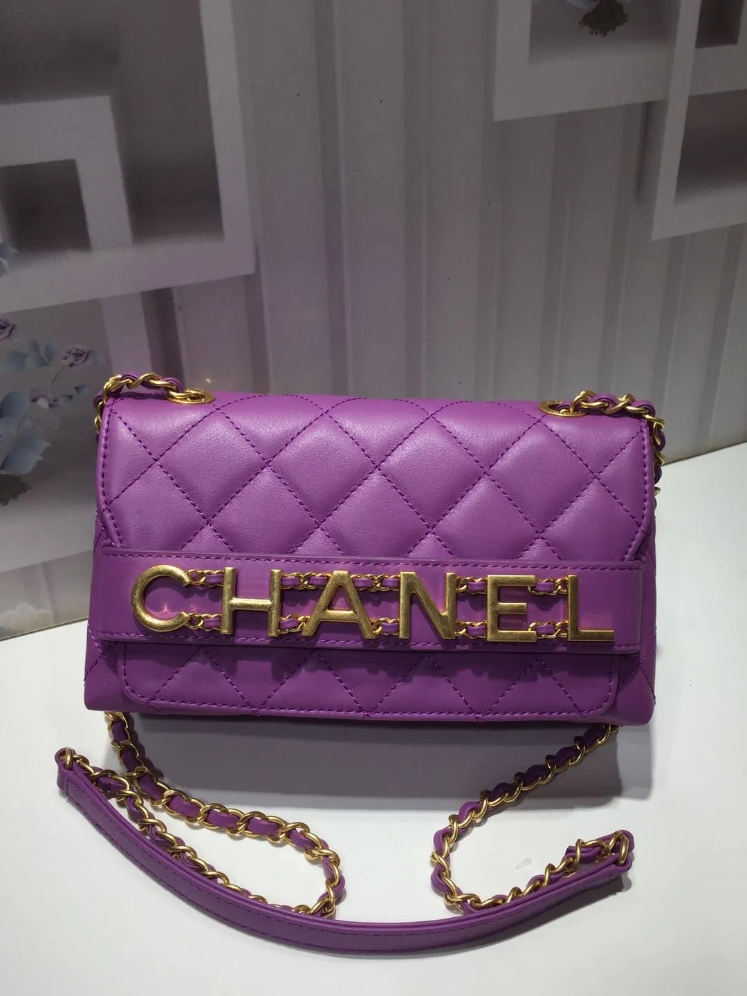 CHLFront Logo Small Flap Bag Gold Hardware Purple For Women, Women&#8217;s Handbags, Shoulder Bags 8.2in/21cm AS1490