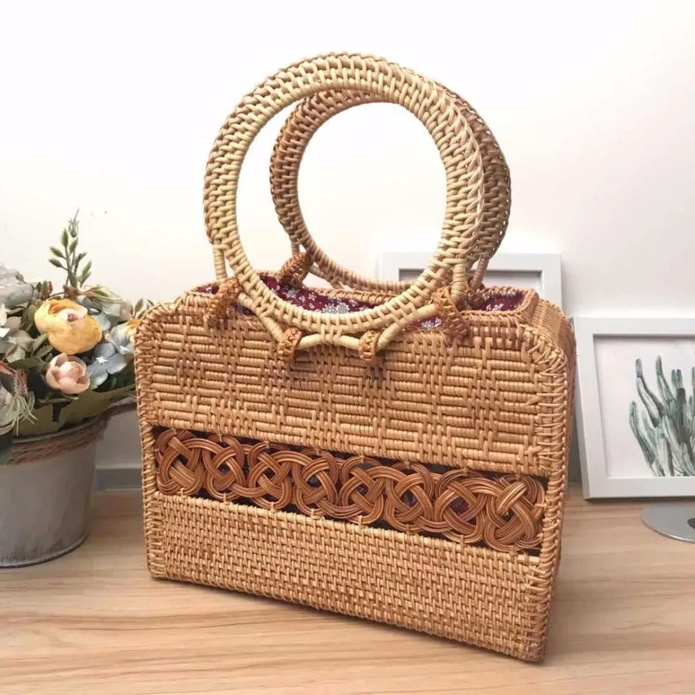 Circular Handle Rattan Bohemian Vintage Tote Bag