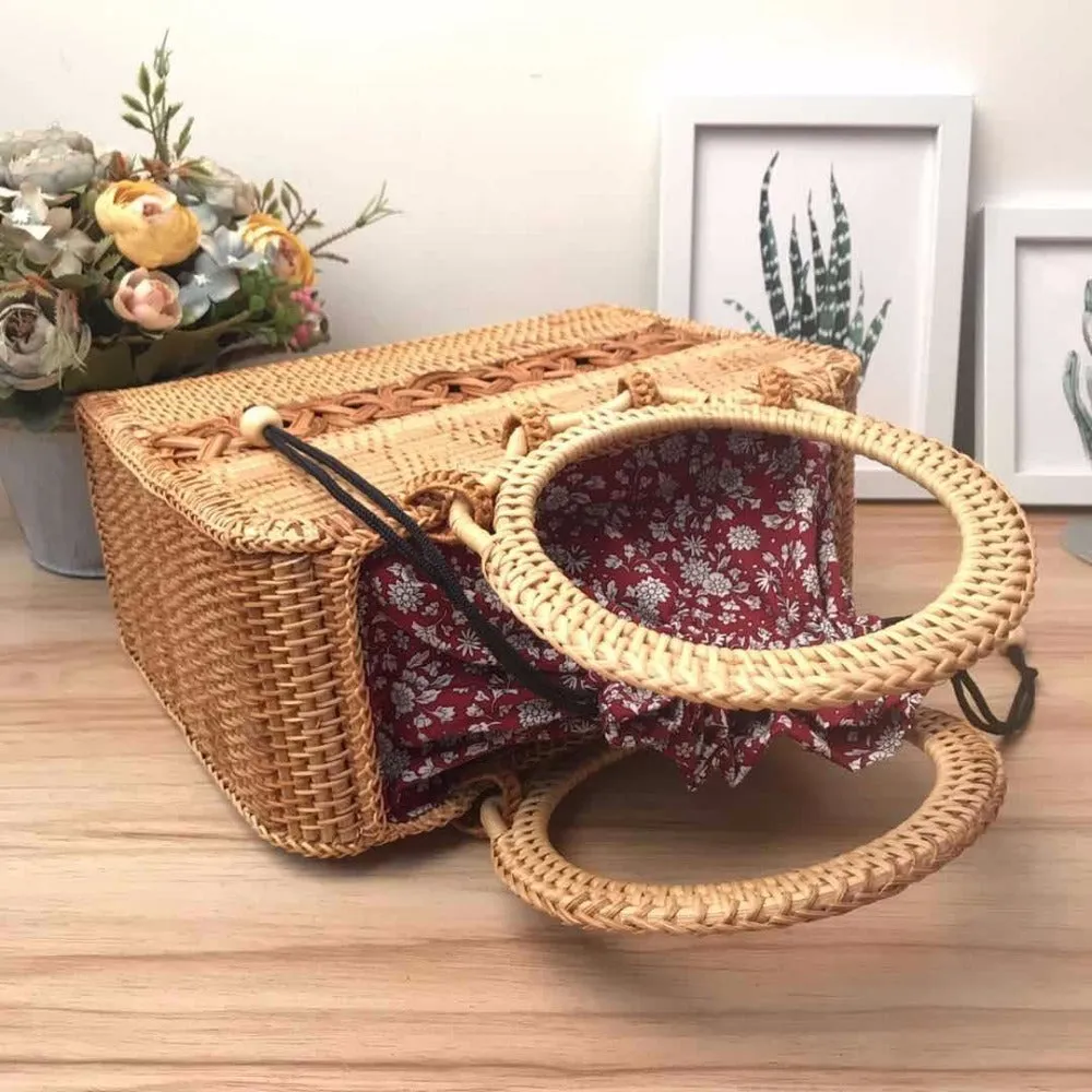 Circular Handle Rattan Bohemian Vintage Tote Bag