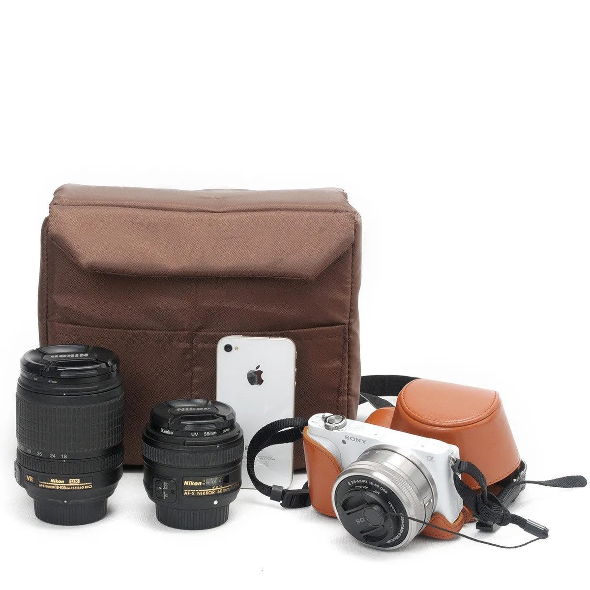 Coffee DSLR Camera Bag Insert One Body Two Lens B37