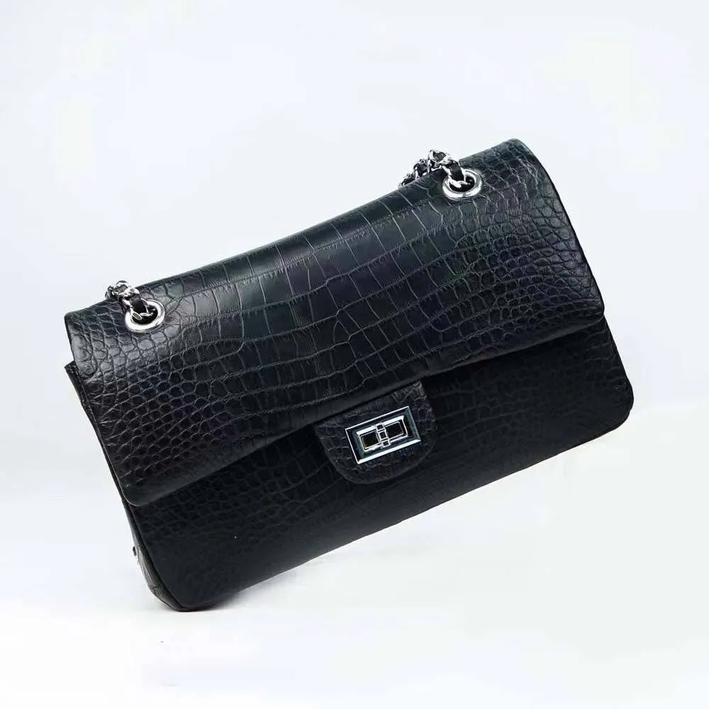 Crocodile Leather Double Flap Chain Shoulder Bag