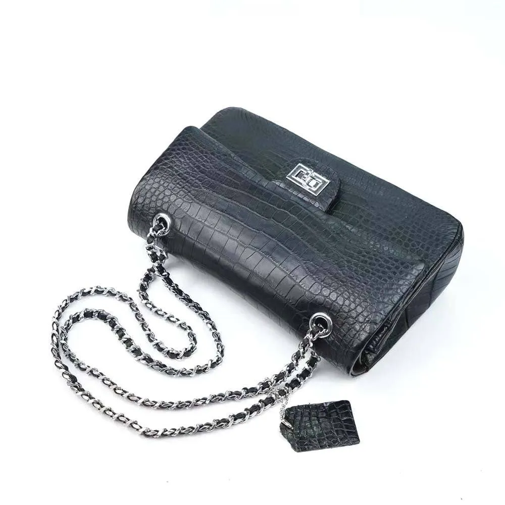 Crocodile Leather Double Flap Chain Shoulder Bag