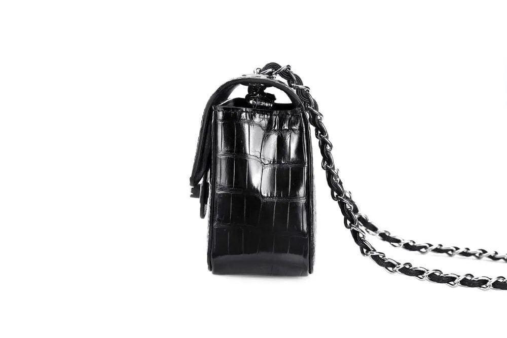 Crocodile Leather Twist-lock Flap Chain Shoulder Bag In Black