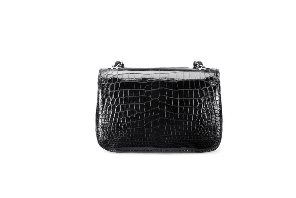 Crocodile Leather Twist-lock Flap Chain Shoulder Bag In Black