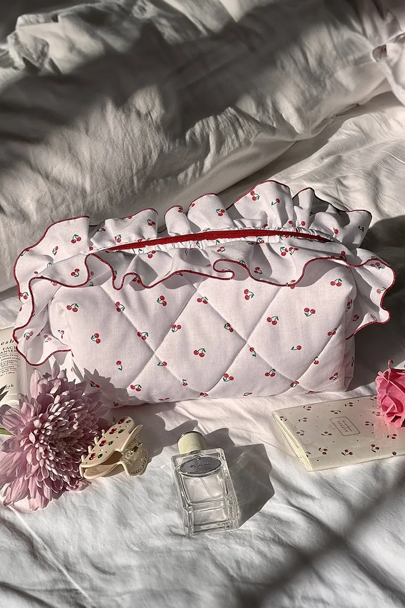 Cute Cherry Quilted White Ruffled Makeup Bag