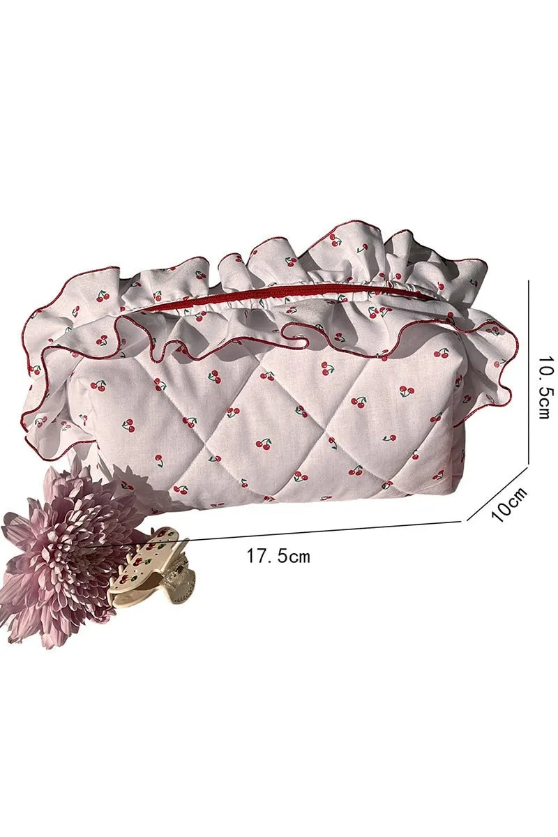 Cute Cherry Quilted White Ruffled Makeup Bag