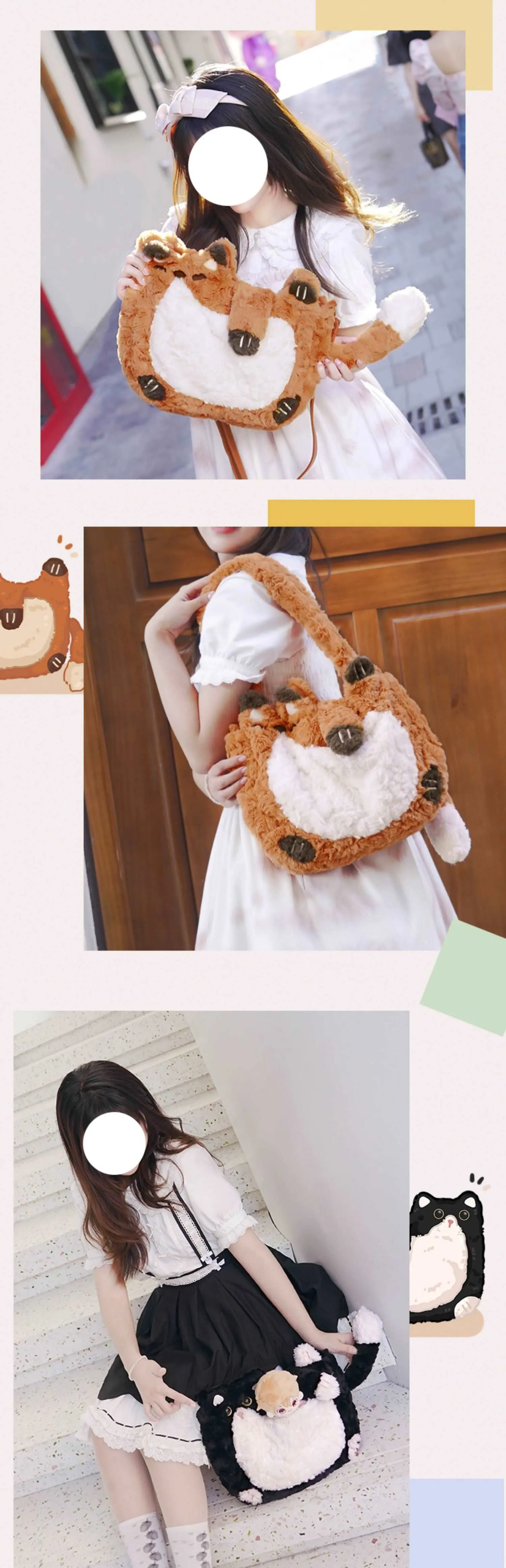 Cute Little Fox & Black Cat Shoulder Messenger Bag