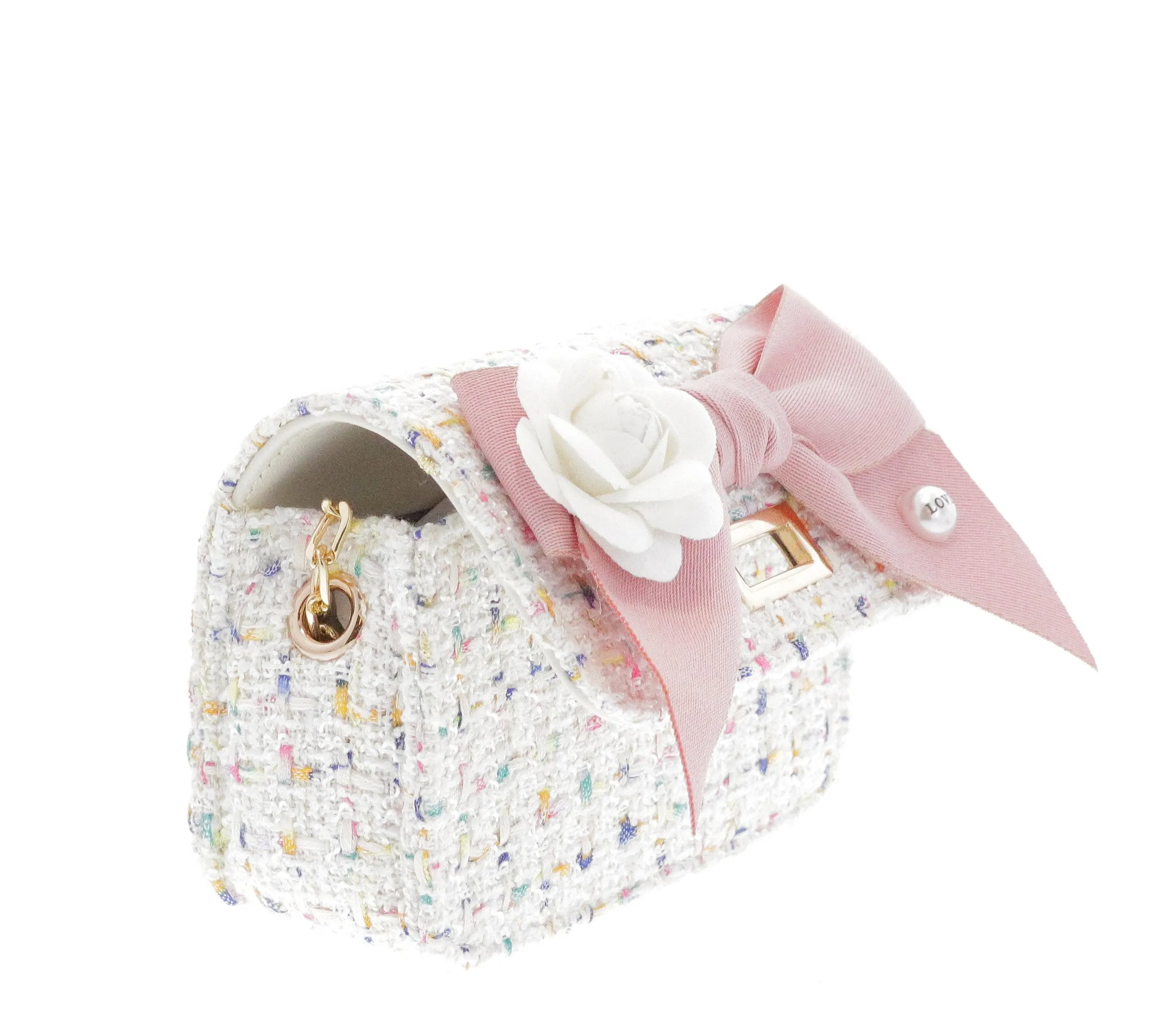 Doe A Dear White Boucle Bow Front Cross Body Handbag