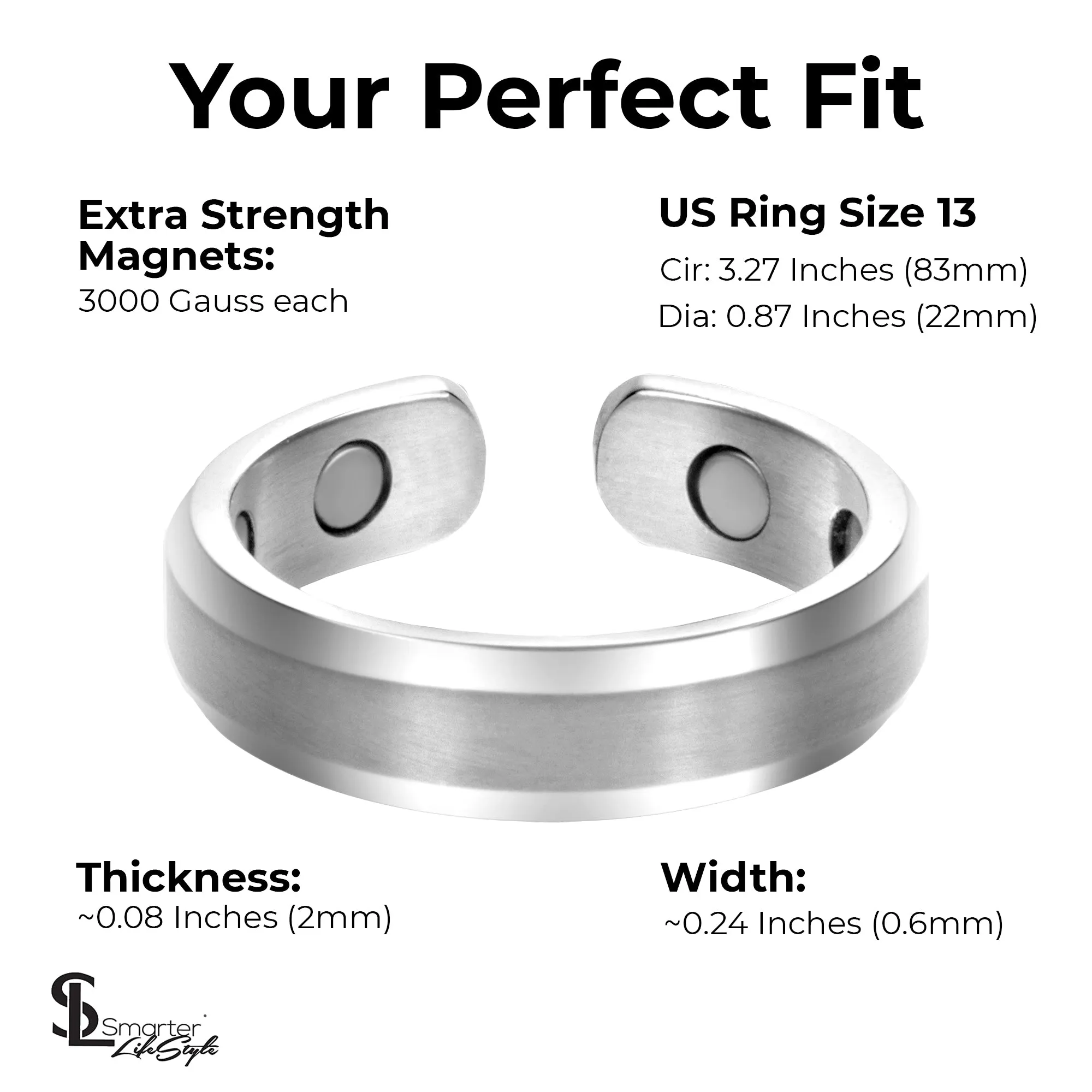 Elegant Titanium Magnetic Therapy Ring Silver, Size 13