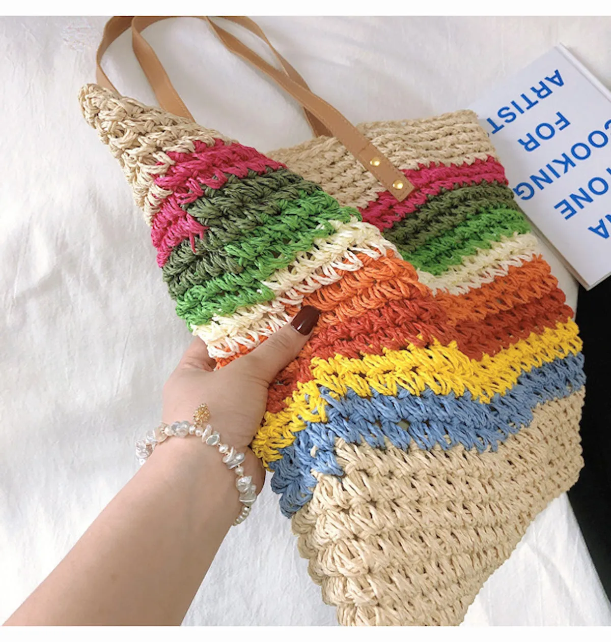 Elena Handbags Large Rainbow Straw Tote