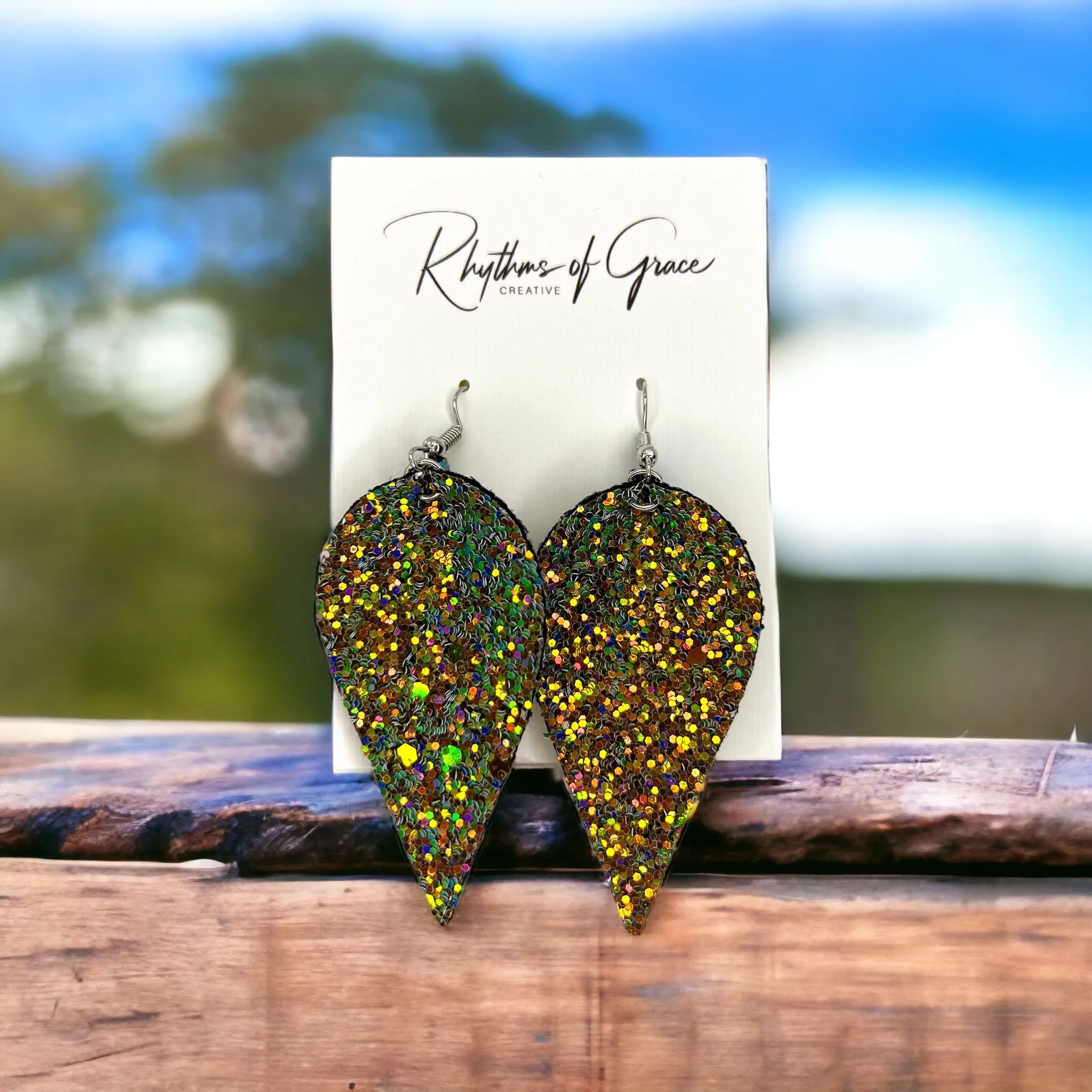 Glitter Earrings - Glitter Accessories, Green Glitter, Rainbow Earrings, Teardrop