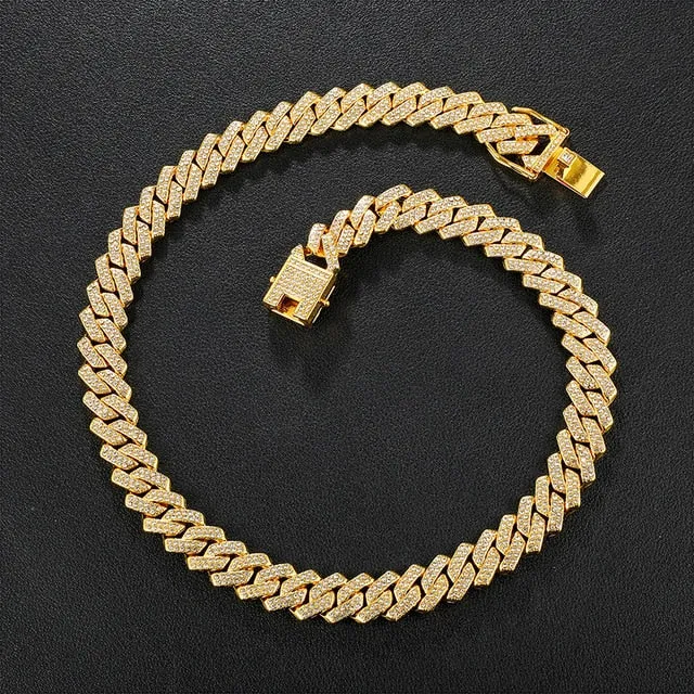 Gold Necklace  Watch Bracelet Miami Curb Cuban Chain Gold Full Iced Out Paved Rhinestones CZ Bling