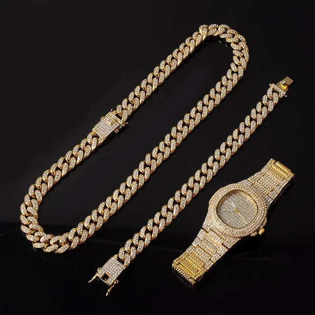 Gold Necklace  Watch Bracelet Miami Curb Cuban Chain Gold Full Iced Out Paved Rhinestones CZ Bling