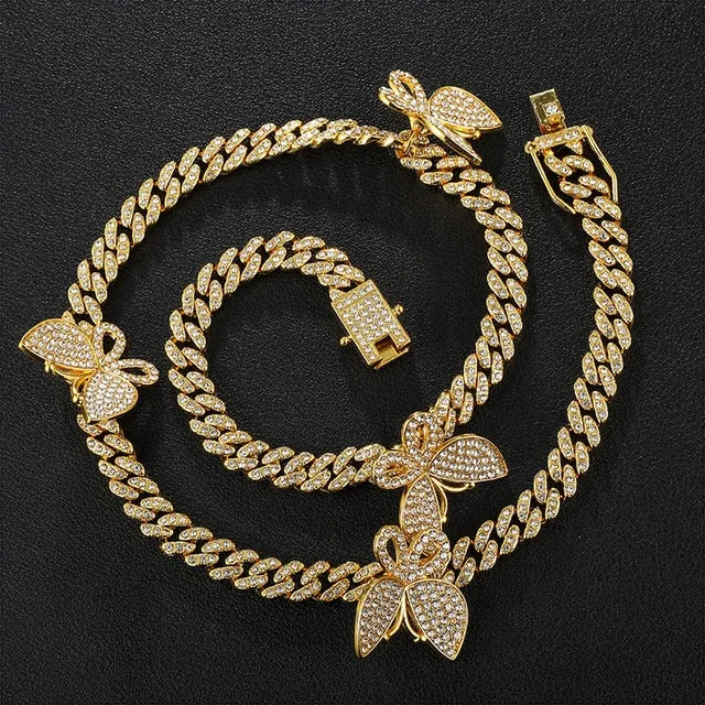 Gold Necklace  Watch Bracelet Miami Curb Cuban Chain Gold Full Iced Out Paved Rhinestones CZ Bling