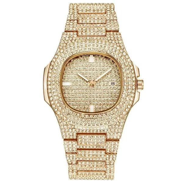 Gold Necklace  Watch Bracelet Miami Curb Cuban Chain Gold Full Iced Out Paved Rhinestones CZ Bling