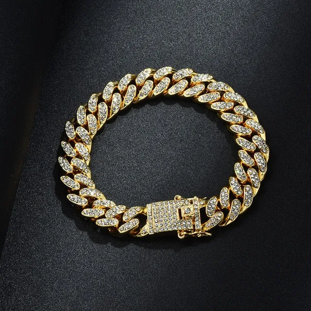 Gold Necklace  Watch Bracelet Miami Curb Cuban Chain Gold Full Iced Out Paved Rhinestones CZ Bling