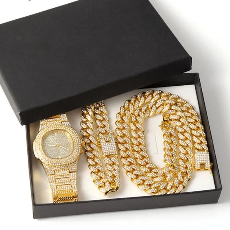 Gold Necklace  Watch Bracelet Miami Curb Cuban Chain Gold Full Iced Out Paved Rhinestones CZ Bling