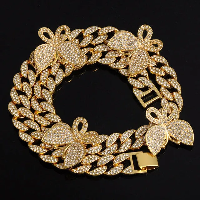 Gold Necklace  Watch Bracelet Miami Curb Cuban Chain Gold Full Iced Out Paved Rhinestones CZ Bling