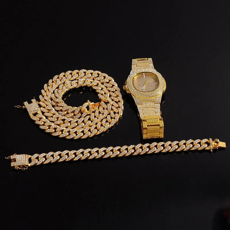 Gold Necklace  Watch Bracelet Miami Curb Cuban Chain Gold Full Iced Out Paved Rhinestones CZ Bling