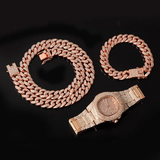 Gold Necklace  Watch Bracelet Miami Curb Cuban Chain Gold Full Iced Out Paved Rhinestones CZ Bling