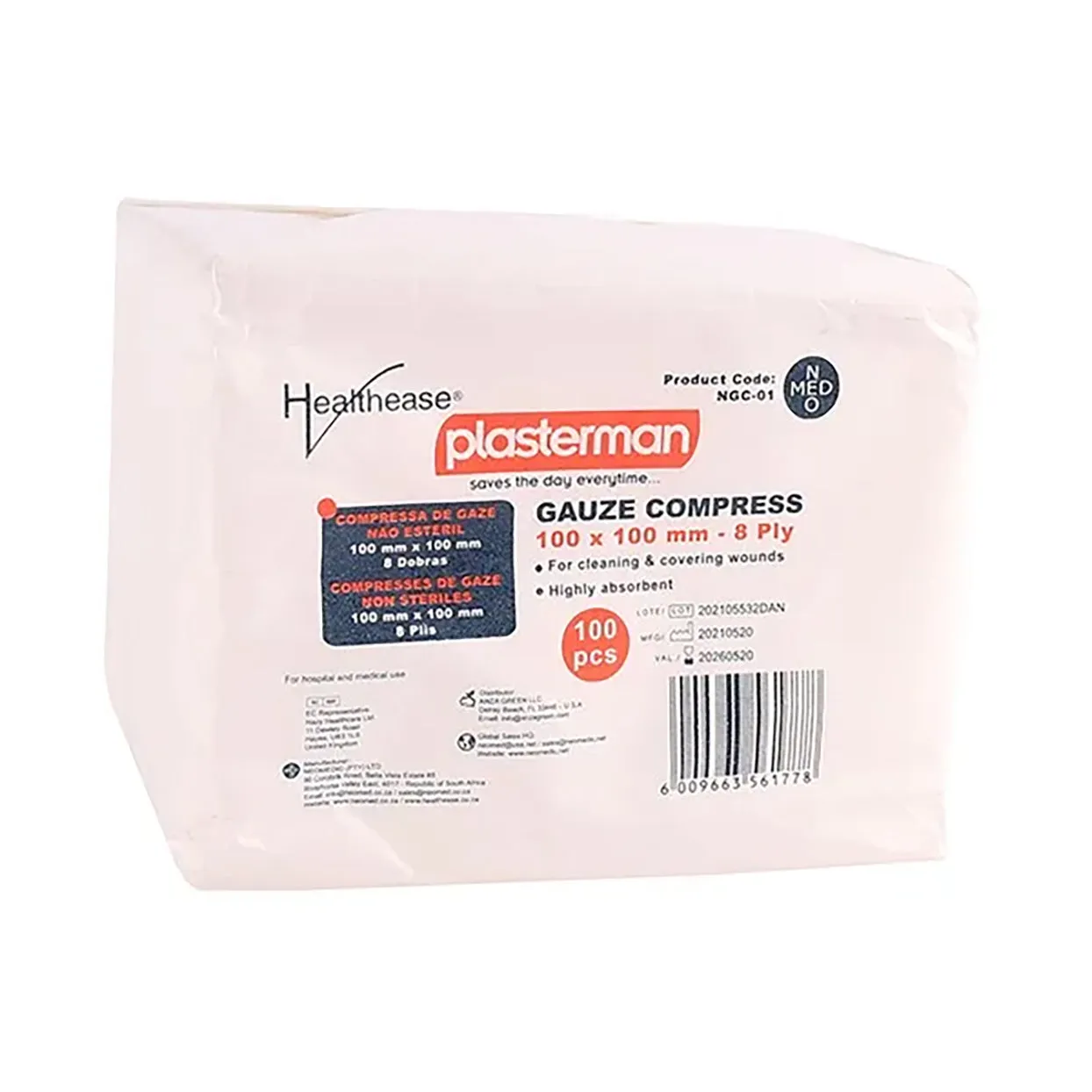 Healthease Plasterman Gauze 100mm x 100mm 8 Ply N S 100 Pack